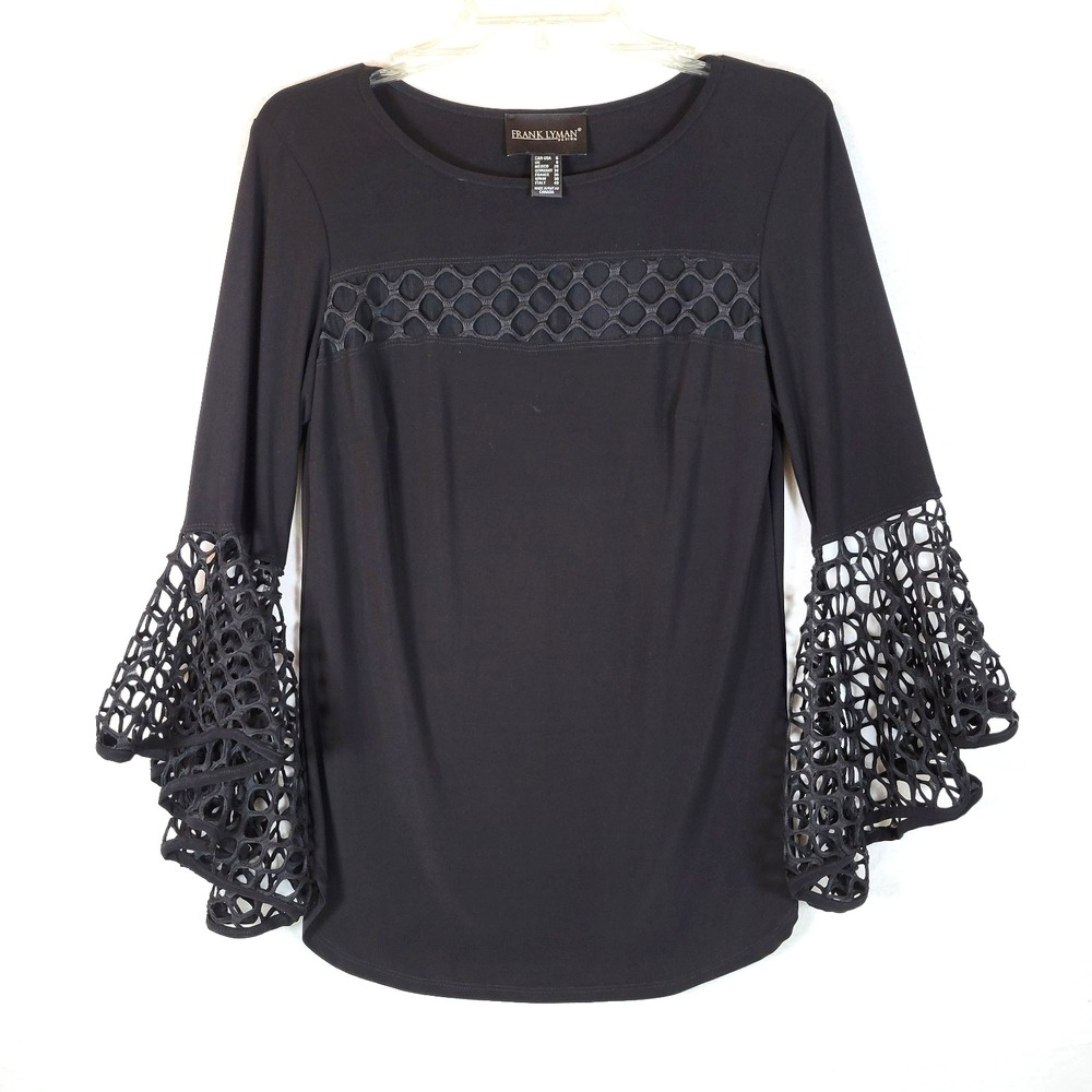 Frank Lyman Womens Blouse Top Size 6 Black Geometric Cutout Bell Sleeve Evening